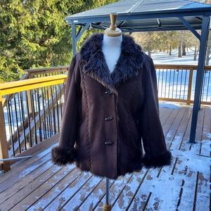 Studio By Liz ClaiborneElegant Dark Brown Faux Suede Jacket with Faux Fur